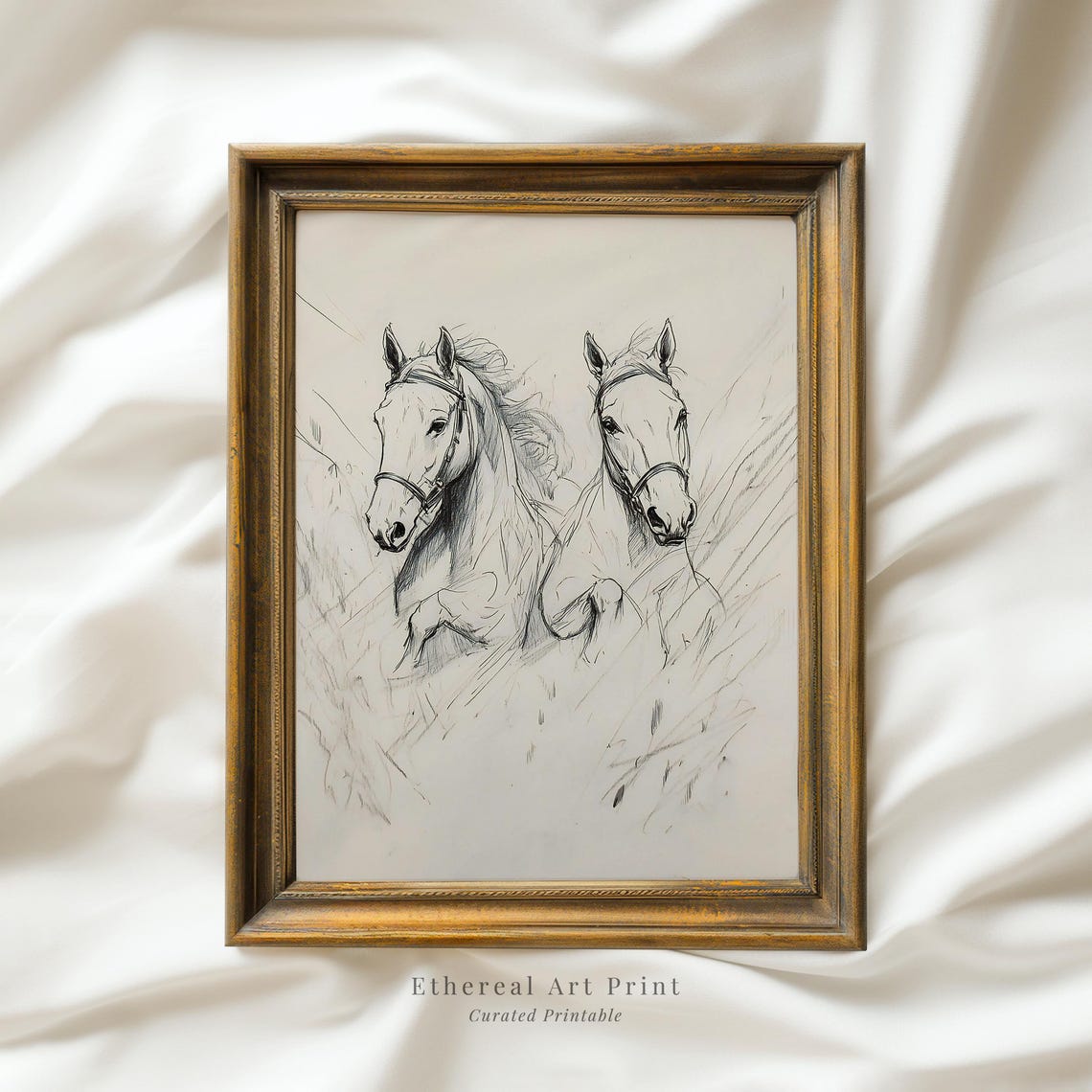 Two White Horses Sketch Minimalist Equine Pencil Drawing Wall Print