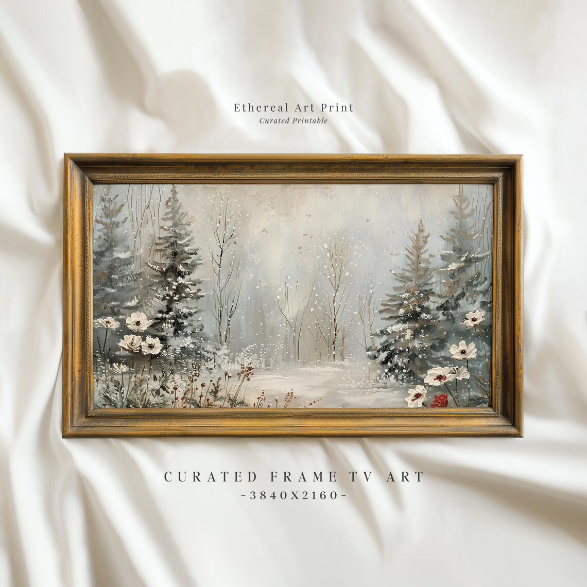 Snowy Winter Forest Watercolor With Wildflowers Misty Art Print