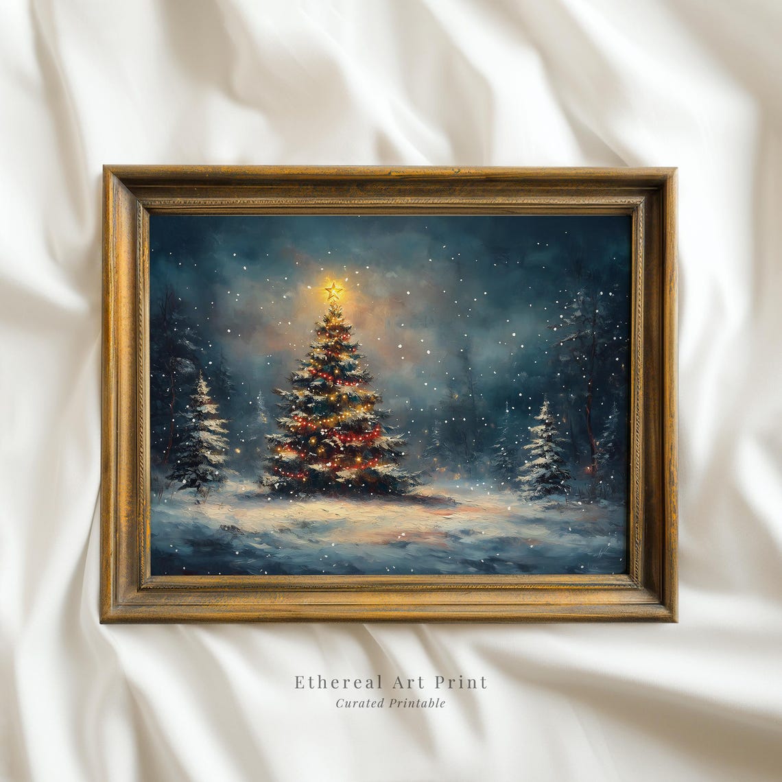 Glowing Christmas Tree Snowy Night Forest Star Holiday Wall Art