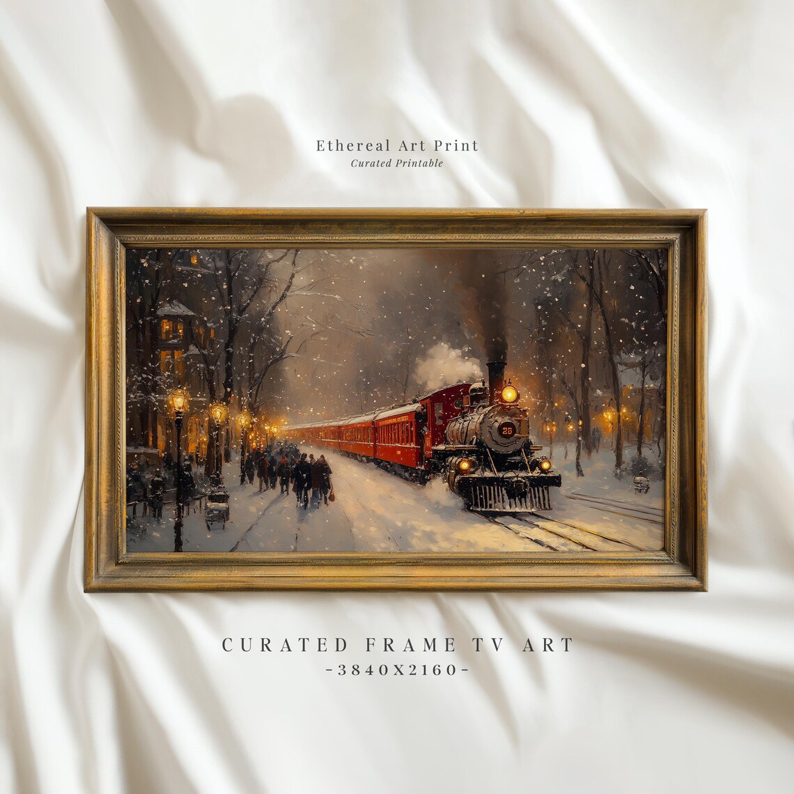 Red Steam Locomotive Snowy Station Night Crowd Holiday Wall Art