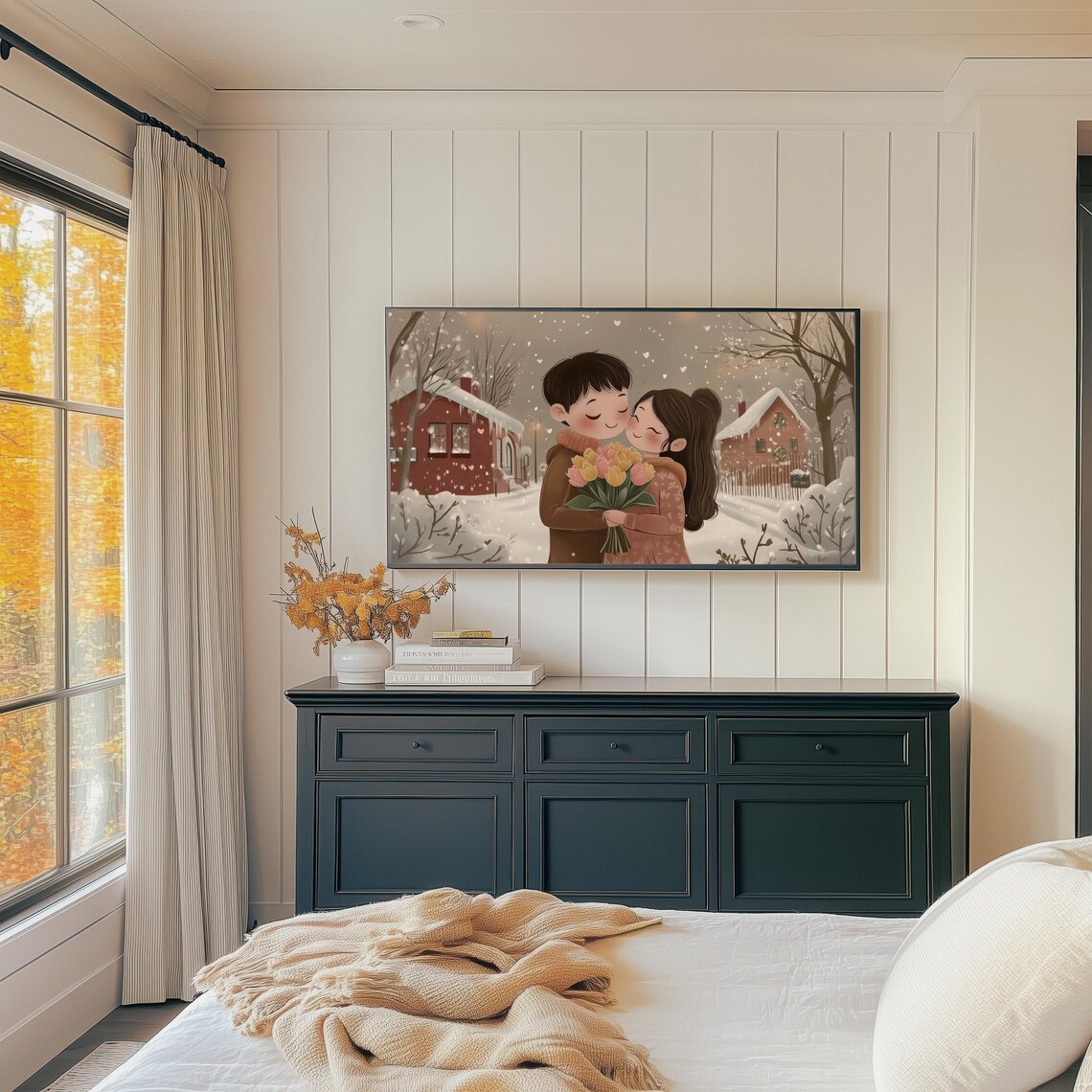 Romantic Couple With Tulips In Snowy Village Night Art Print - Image 2