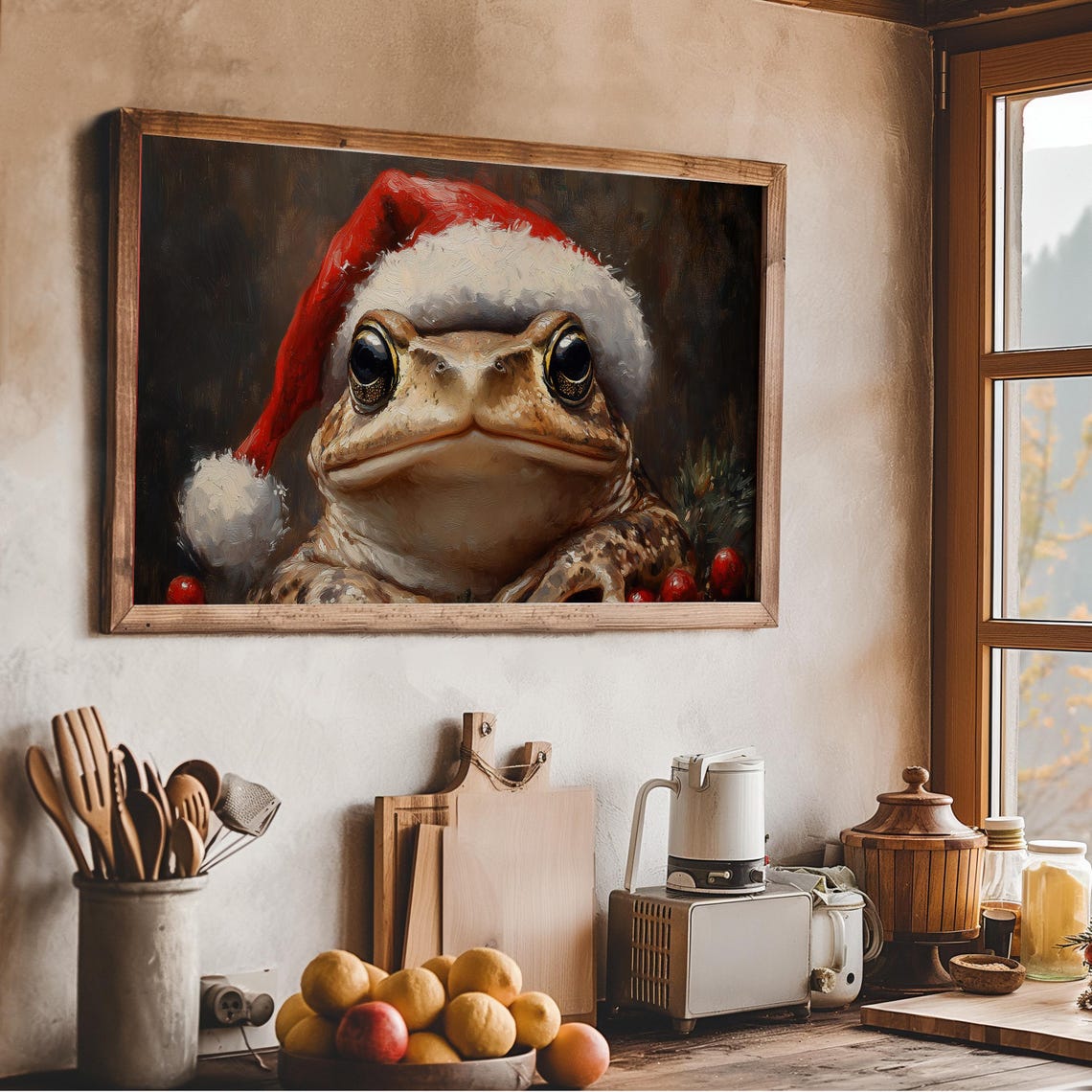 Whimsical Toad Wearing Santa Hat Christmas Holiday Wall Art Print - Image 2