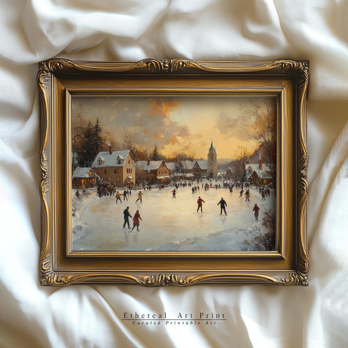 Vintage Christmas Village Print Winter Holiday Decor Hockey Players Snowy Landscape Painting Winter Cityscape Prints - Image 2