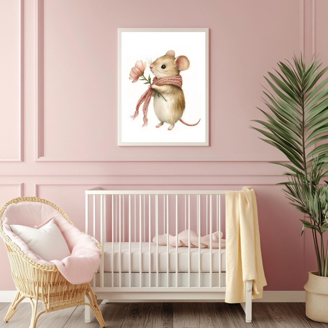 Little Mouse in Pink Knit Scarf Holding a Flower Nursery Poster - Image 4