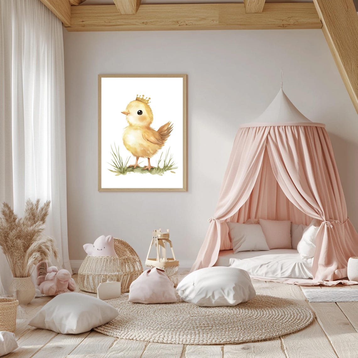 Baby Chick Wearing a Tiny Golden Crown Watercolor Nursery Poster - Image 5