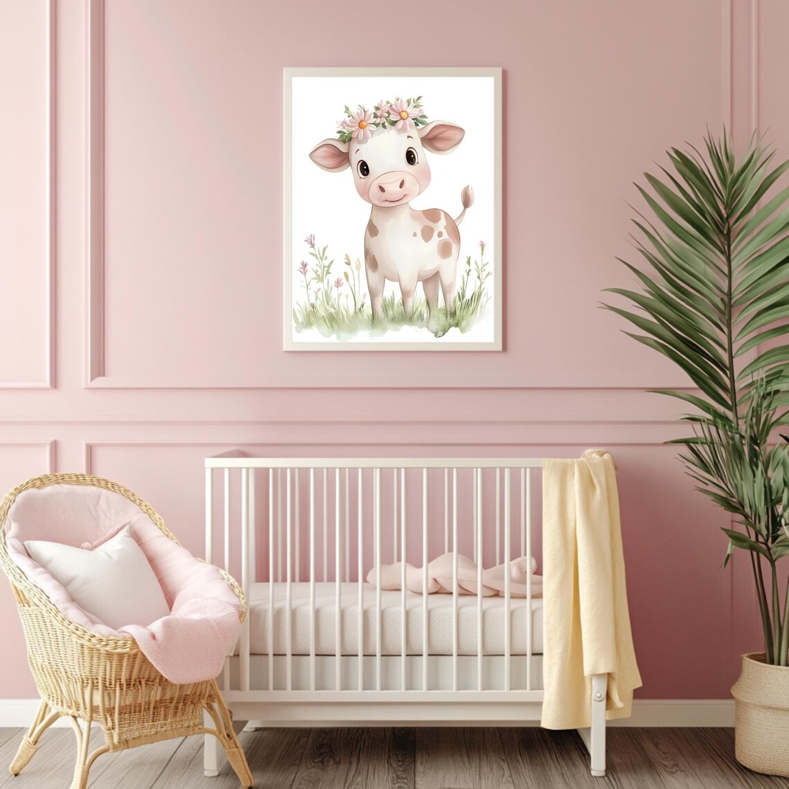 Baby Cow Wearing Daisy Flower Crown in Meadow Nursery Poster - Image 4