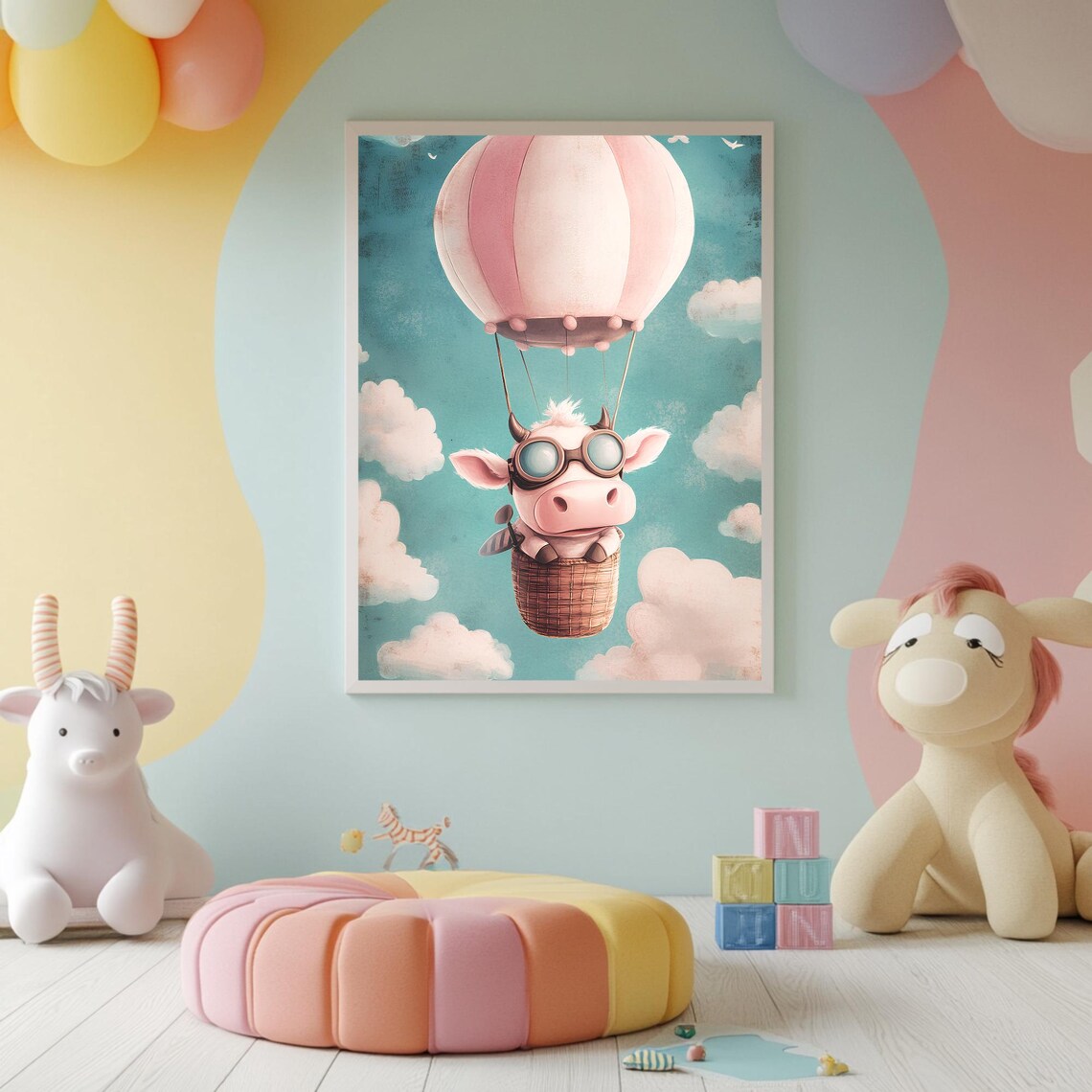 Cute Flying Cow Aviator Goggles Pink Hot Air Balloon Cloudy Sky Poster - Image 2