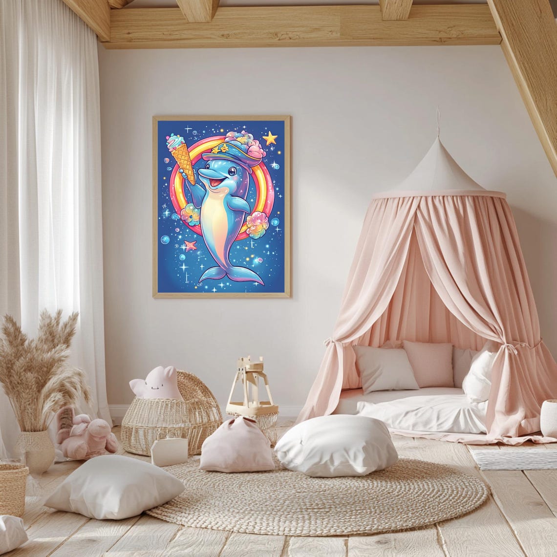 Happy Dolphin Holding Ice Cream Cone Under a Rainbow Night Poster - Image 5