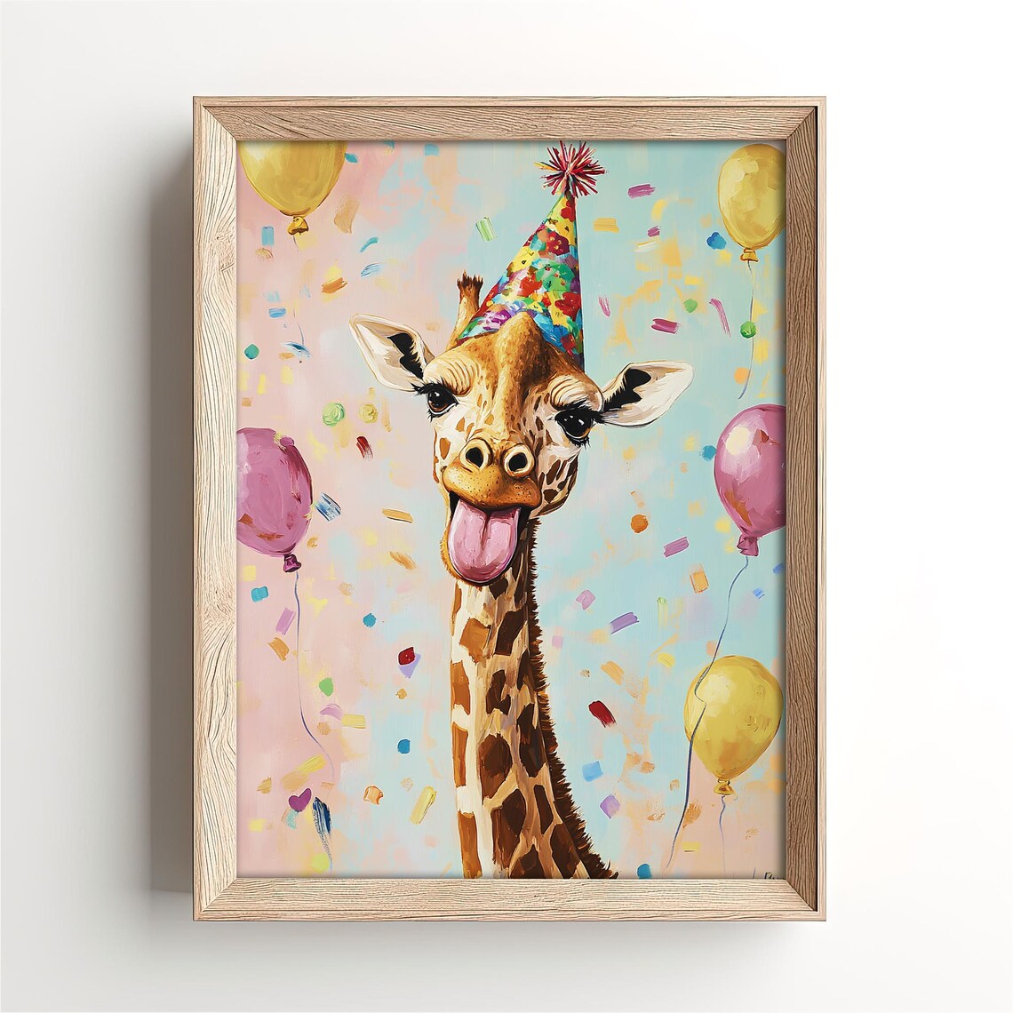 Silly Giraffe Party Hat Tongue Out Balloons Confetti Celebration Poster