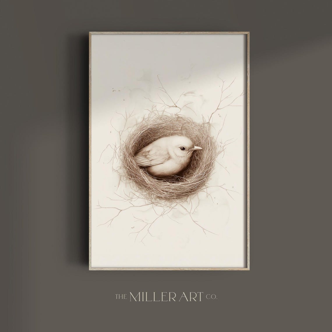 Small Bird Resting In Nest Sepia Vintage Spring Decor Art Poster