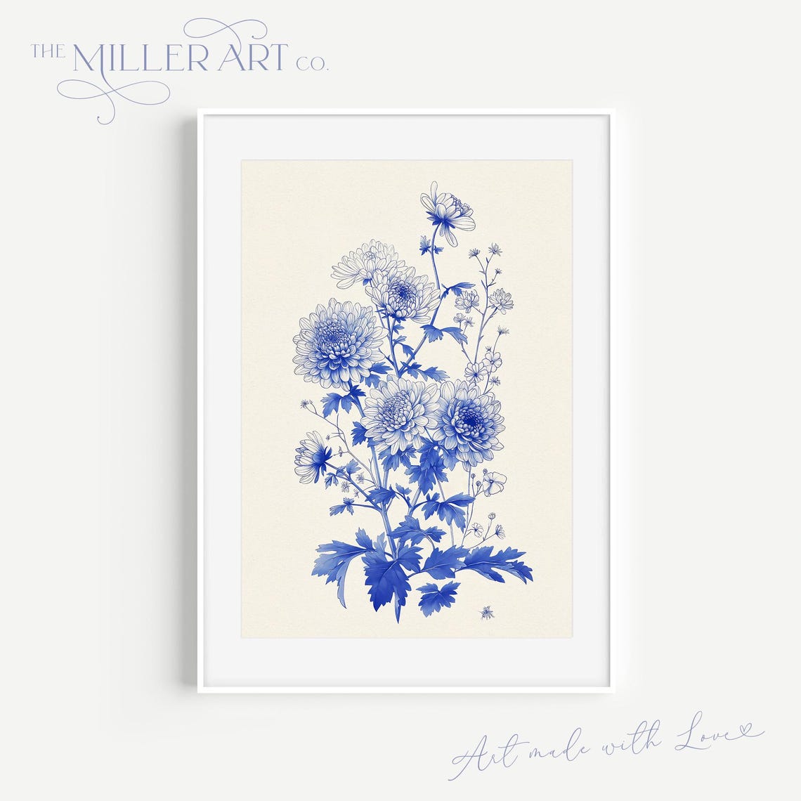 Blue Chrysanthemum Print Chinoiserie Botanical Wall Art
