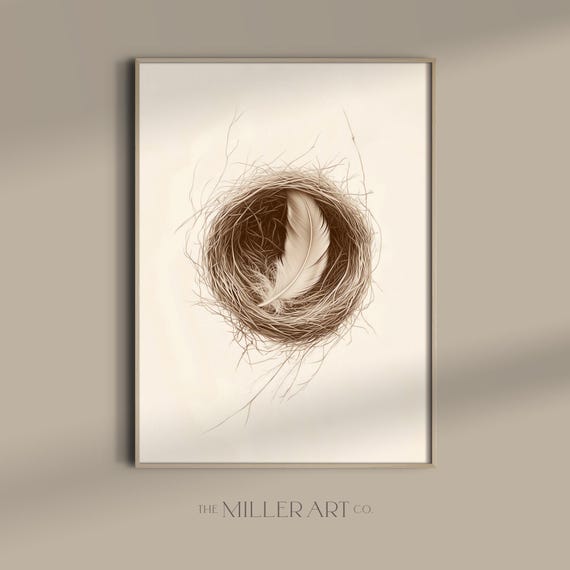 Bird Nest Feather Print Sepia Botanical Drawing
