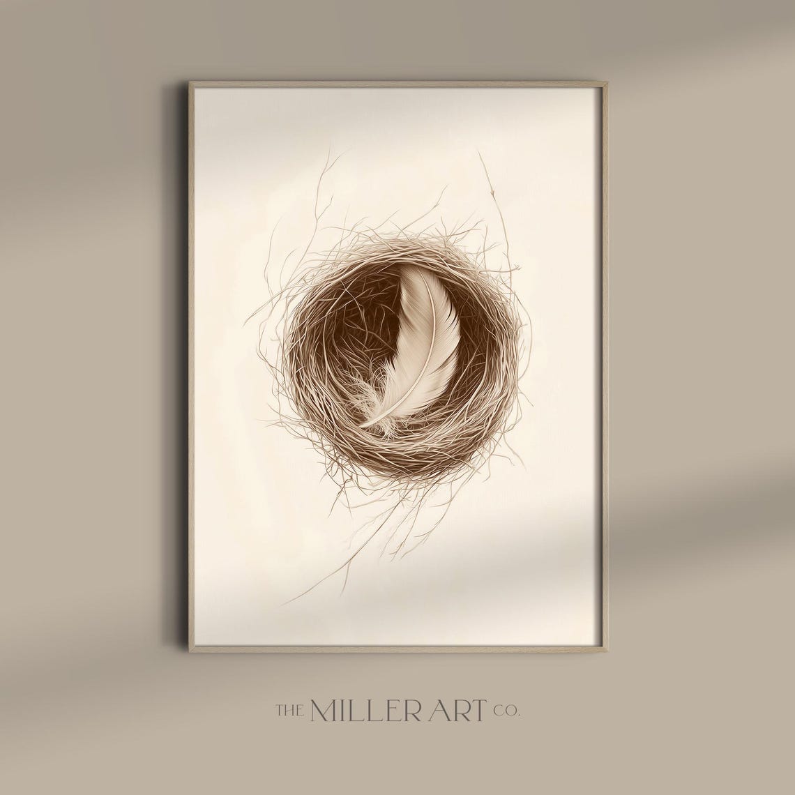 Bird Nest Feather Print Sepia Botanical Drawing
