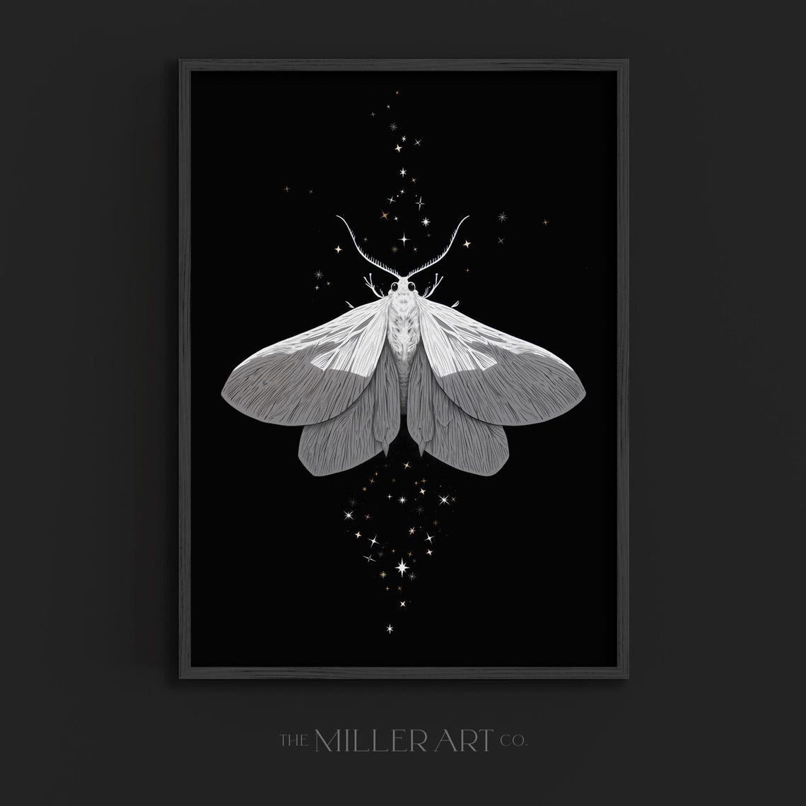 White Moth Celestial Stars Gothic Black Background Insect Art Poster