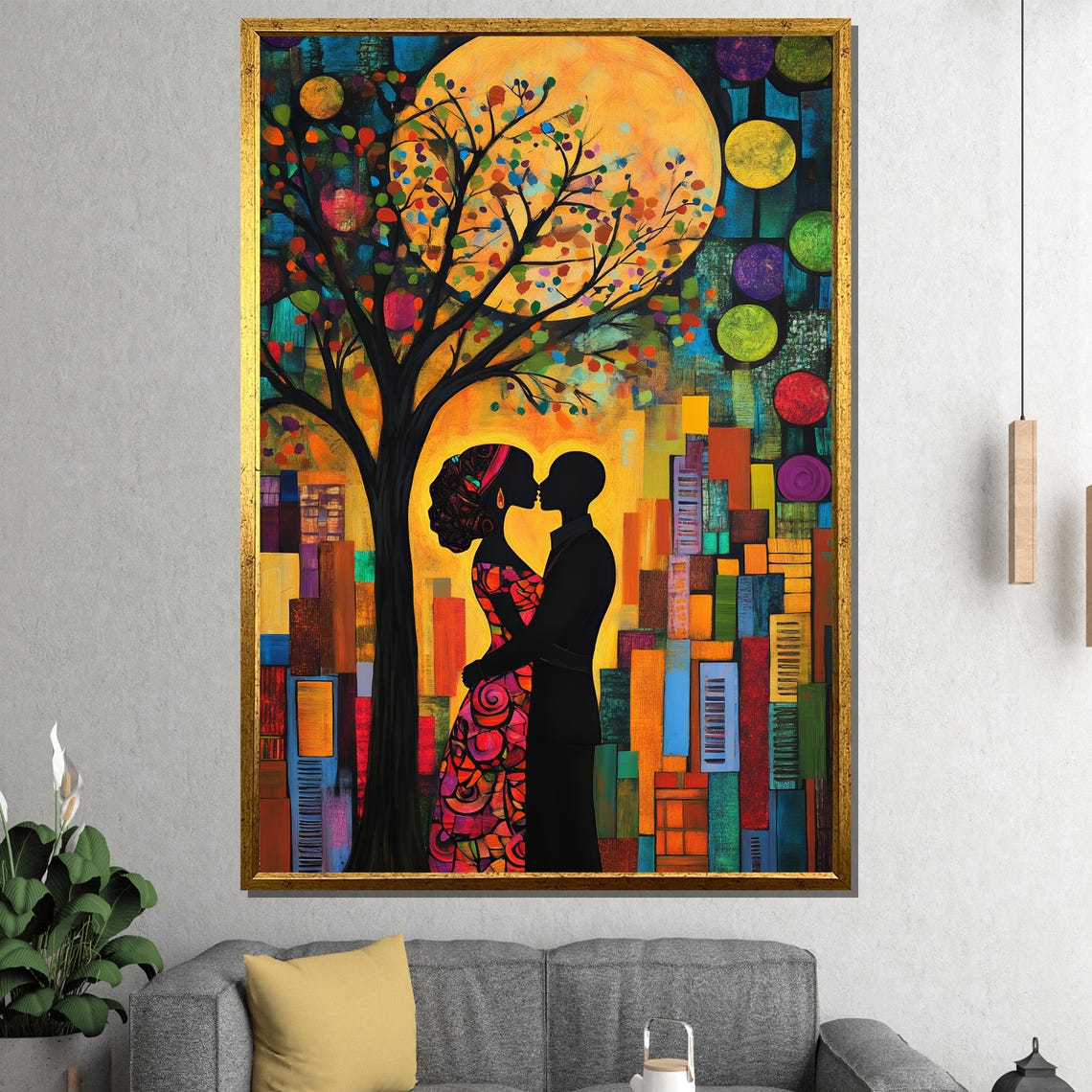 Vibrant Abstract Couple Silhouette Golden Moon Cityscape Poster