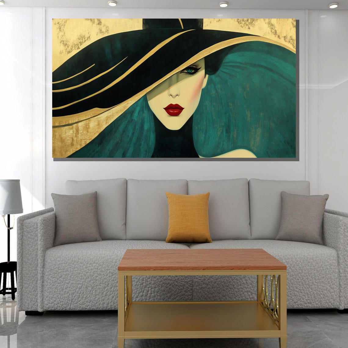 Art Deco Woman With Teal Hat Red Lips On Golden Backdrop Poster - Image 2