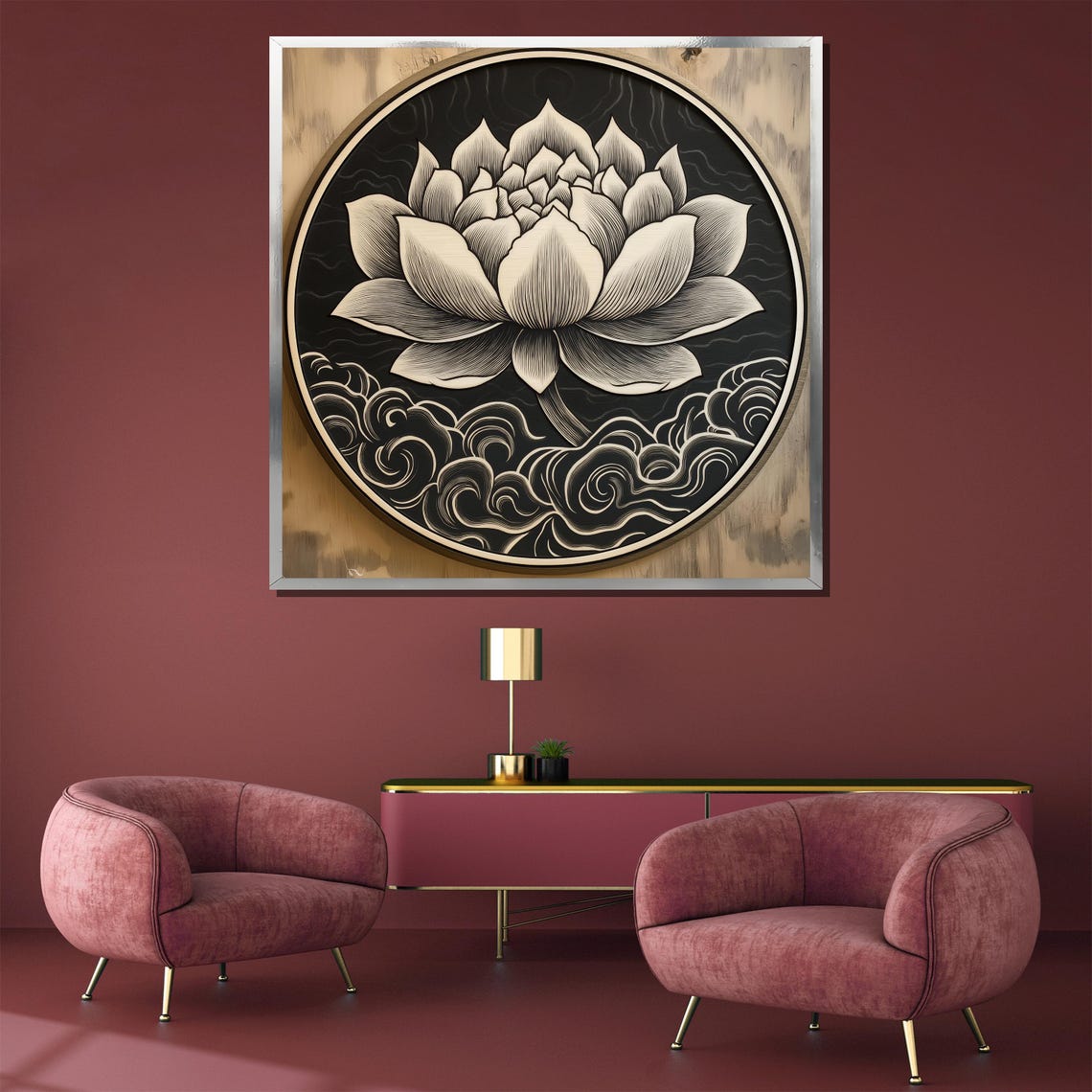 Monochrome Lotus Blossom Circular Engraving Style Art Poster - Image 3