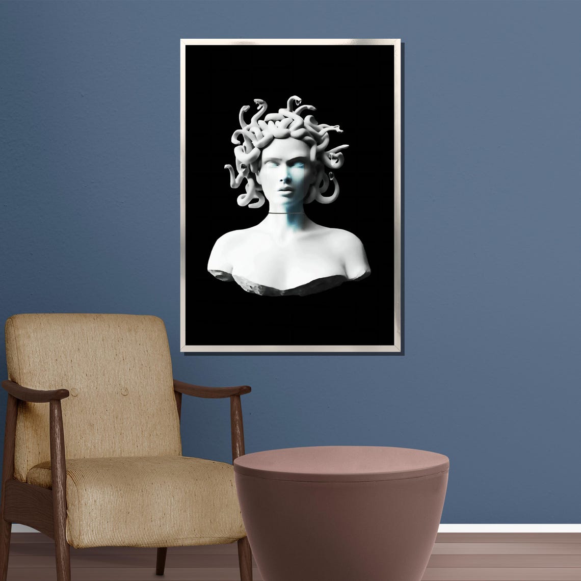 White Marble Medusa Bust With Blue Digital Glitch Modern Poster - Image 3