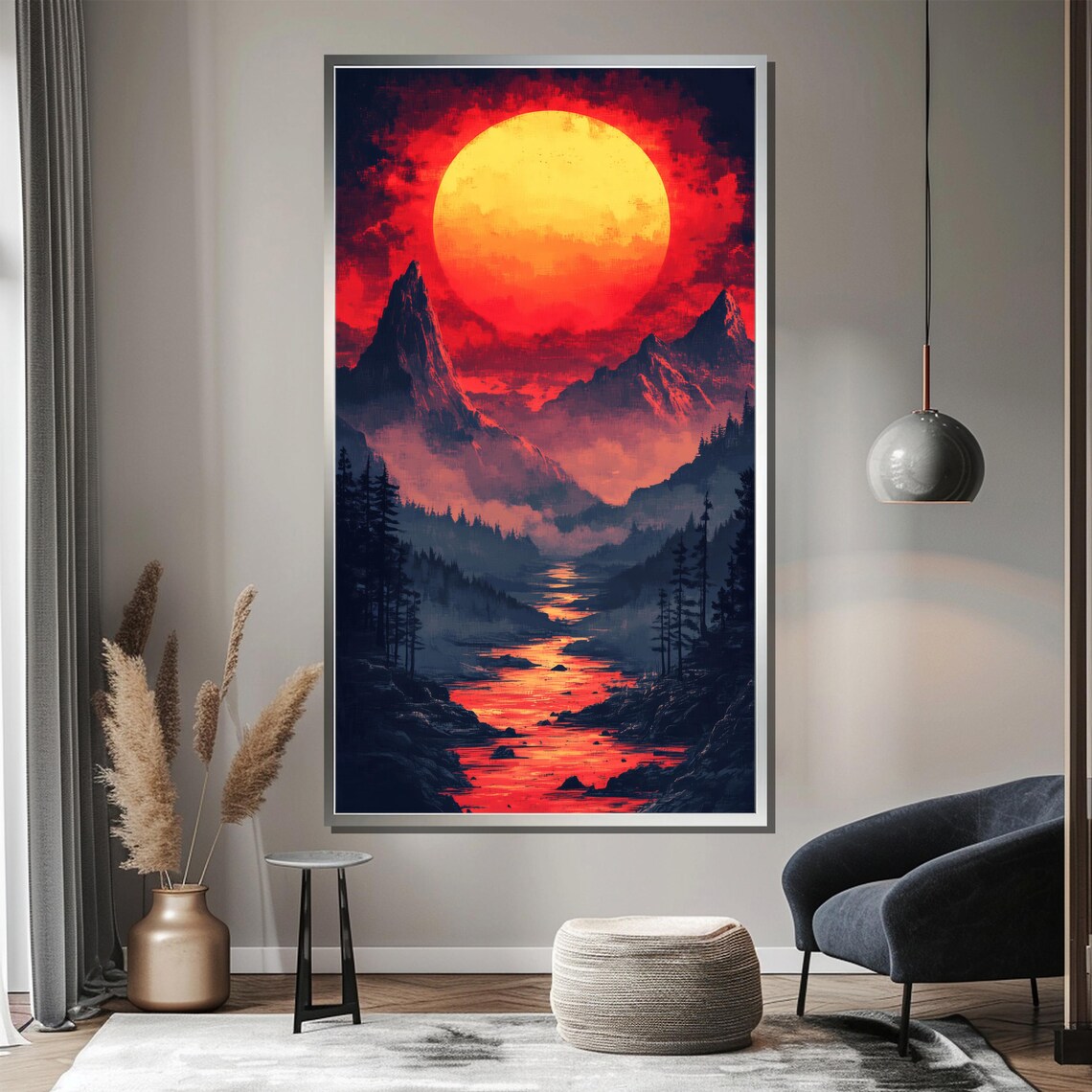 Red Sun Mountain Landscape, Dramatic Sunset Scene - Image 3