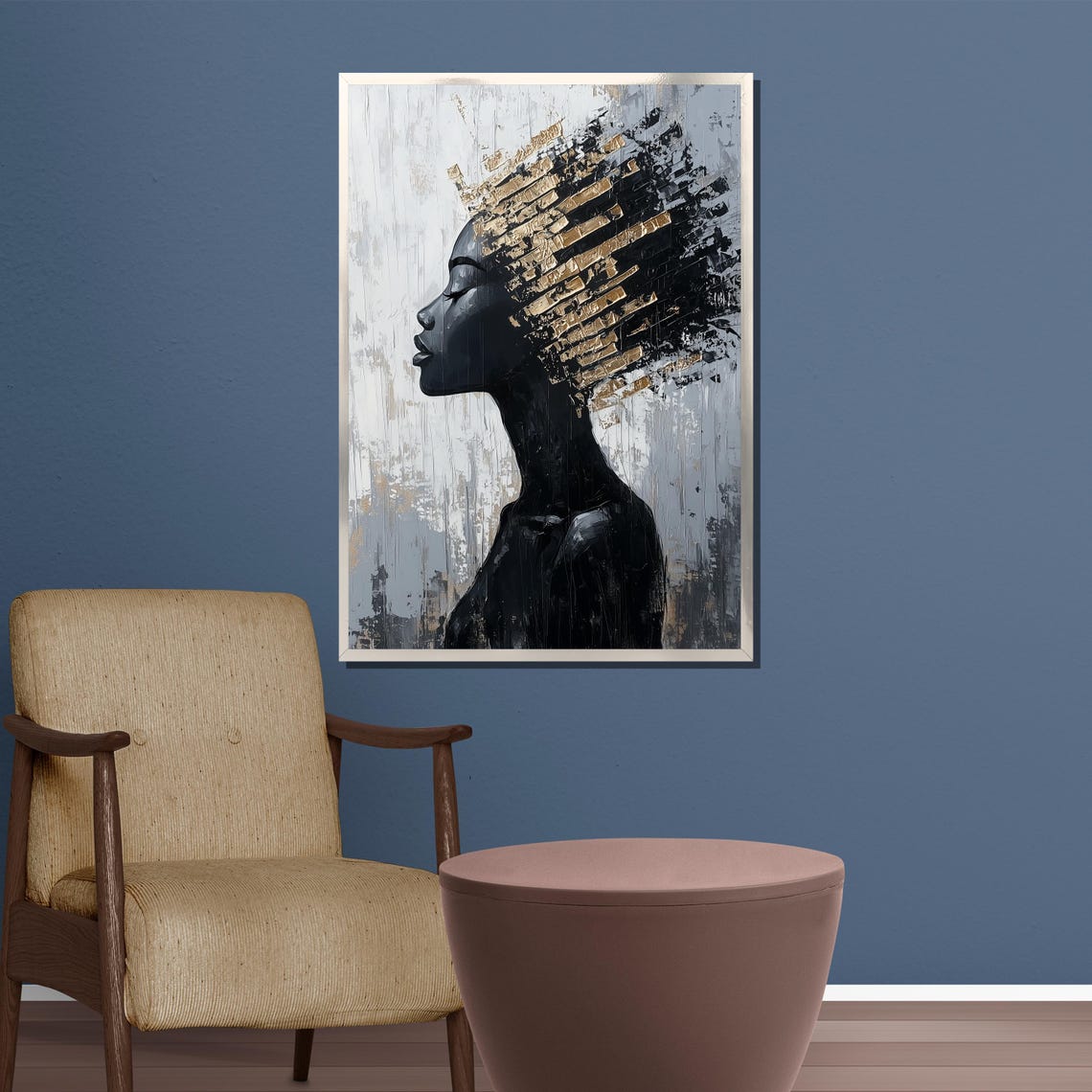 Black Profile Woman With Textured Gold Leaf Hair Modern Art Poster - Image 3