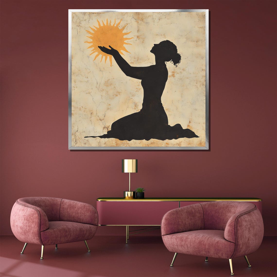 Kneeling Silhouette Woman Cradling A Radiant Golden Sun Poster - Image 3
