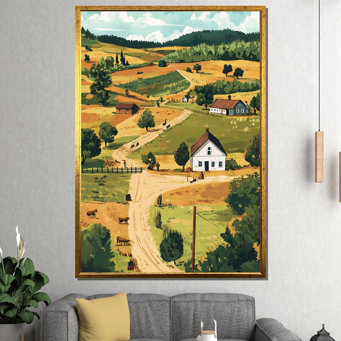 Vintage Countryside Farm Village Retro Rural Landscape Poster