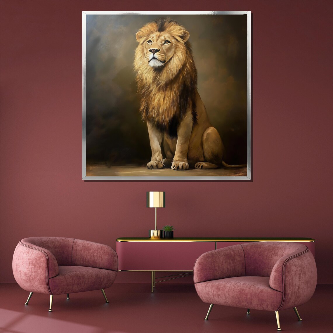 Majestic Seated Lion in a Regal Smoky Gray Portrait Wall Poster - Image 3