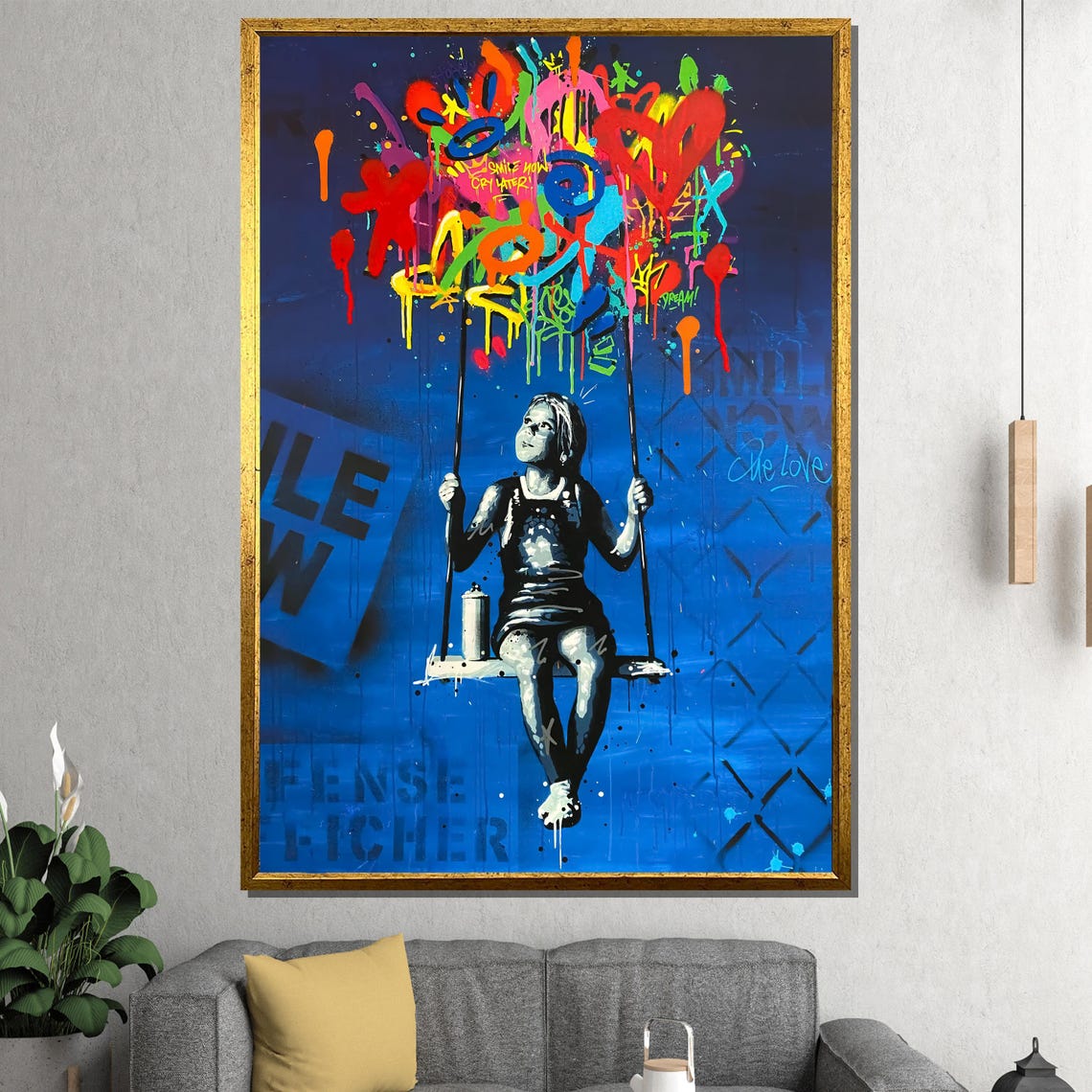 Vibrant Girl On Swing Wall Art Playful And Graffiti Style Painting Unique Gift For Contemporary And Bold Home Decor