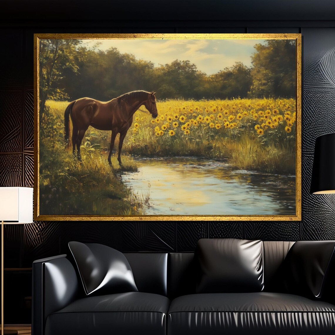 Horse Grazing by a Sunflower Field Near a Quiet Stream Poster