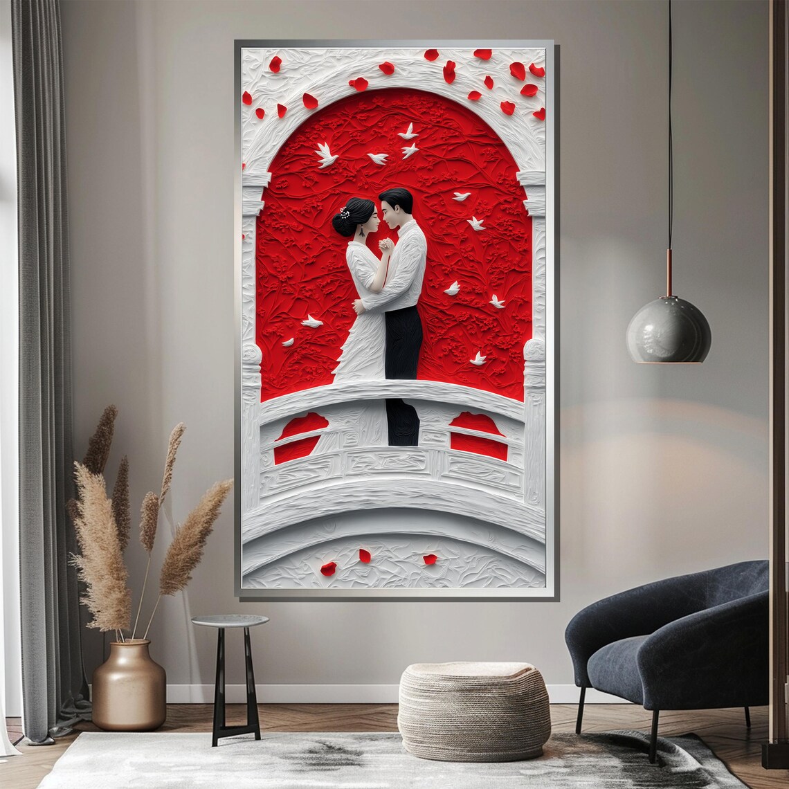 Romantic Couple On Bridge Beneath Red Moon Doves Painting Poster - Image 4