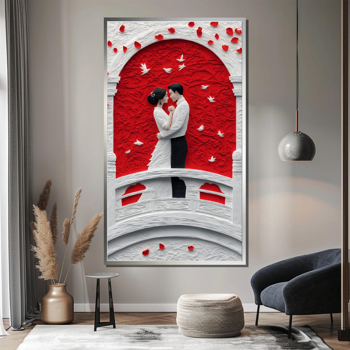 Romantic Red Bridge Painting Couple Wall Art Modern Wedding Decor Large Love Themed Artwork Anniversary Gift Idea - Image 4