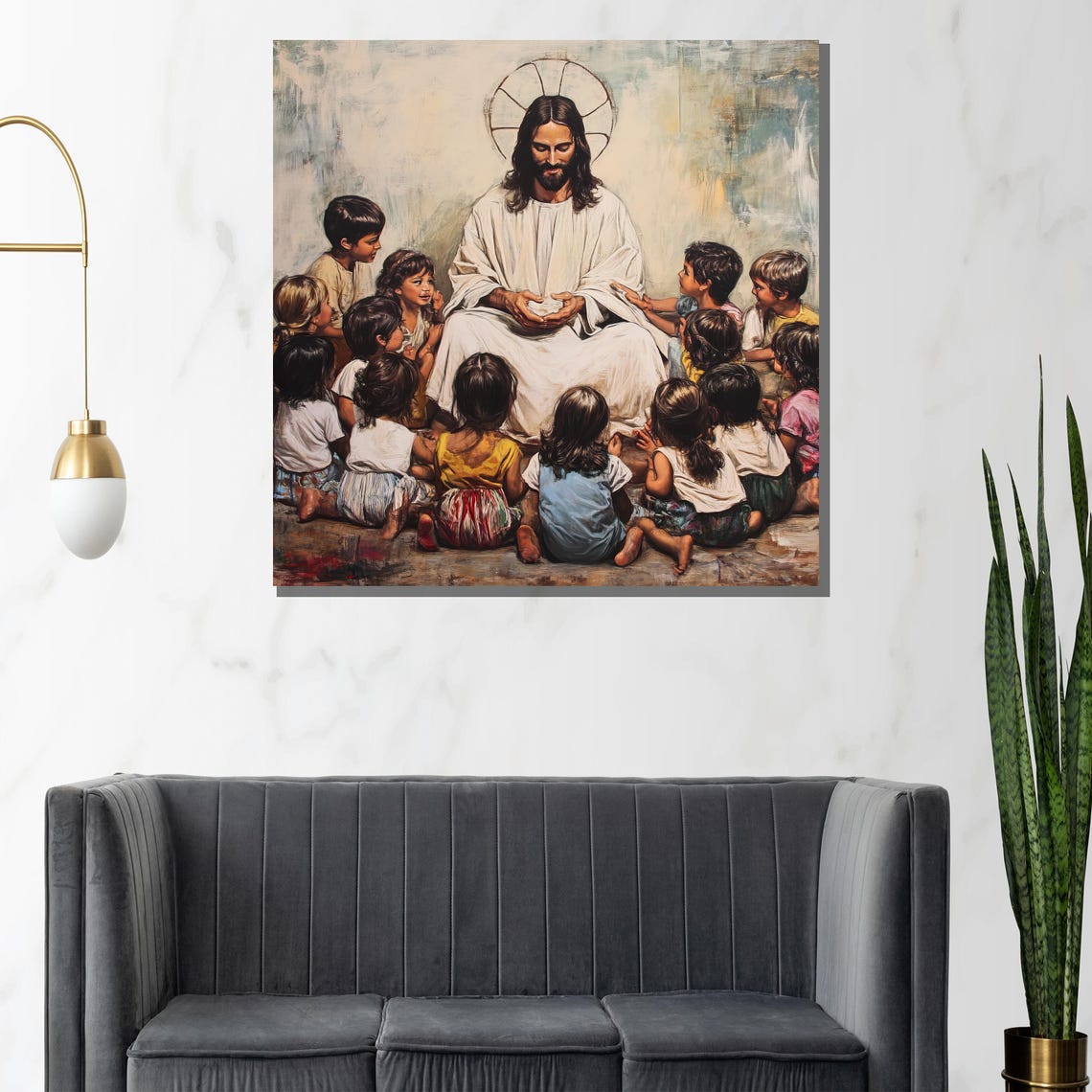 Jesus with Children Gathering Biblical Scene Christian Poster - Image 3