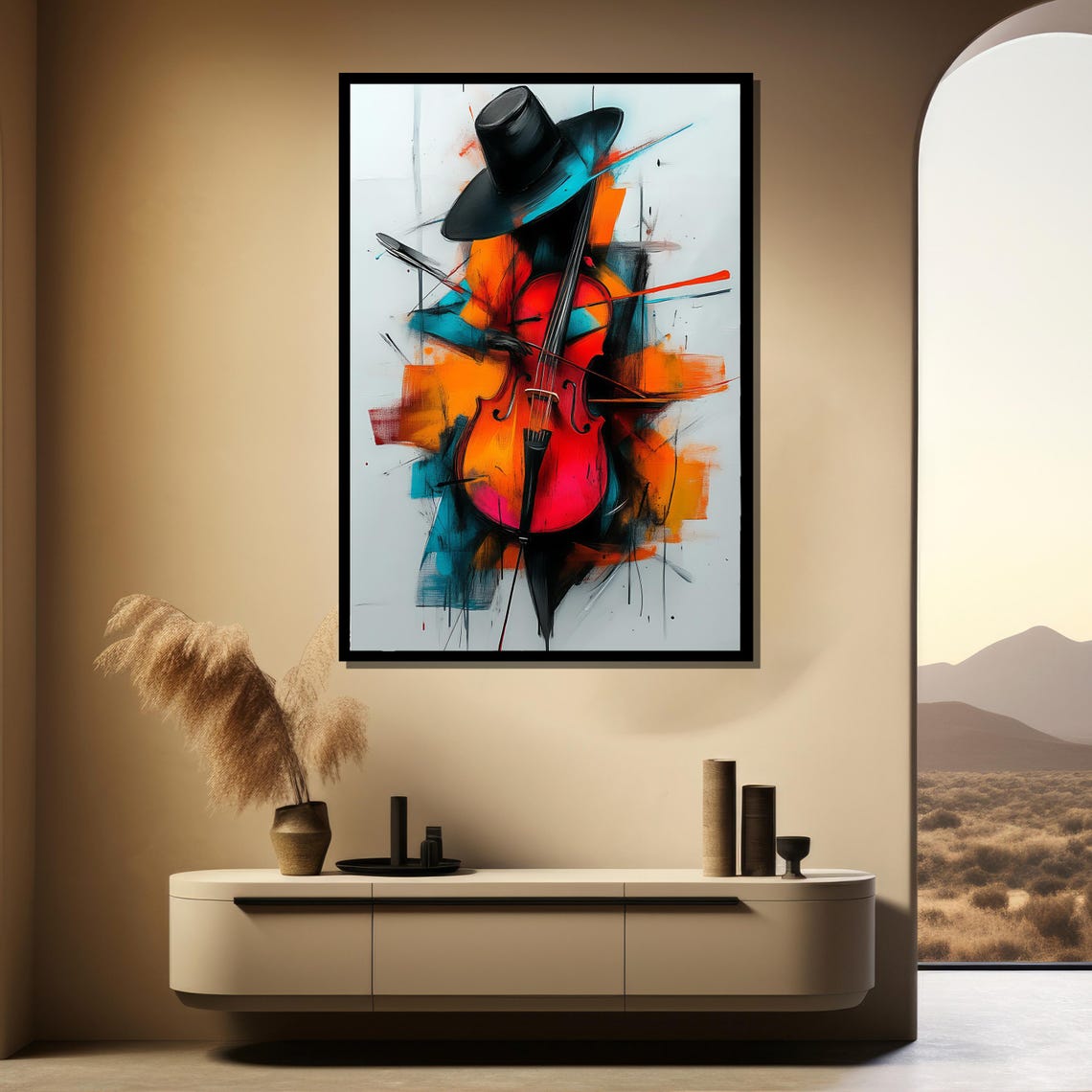 Bold Red Violin Painting With Abstract Orange and Teal Poster - Image 4