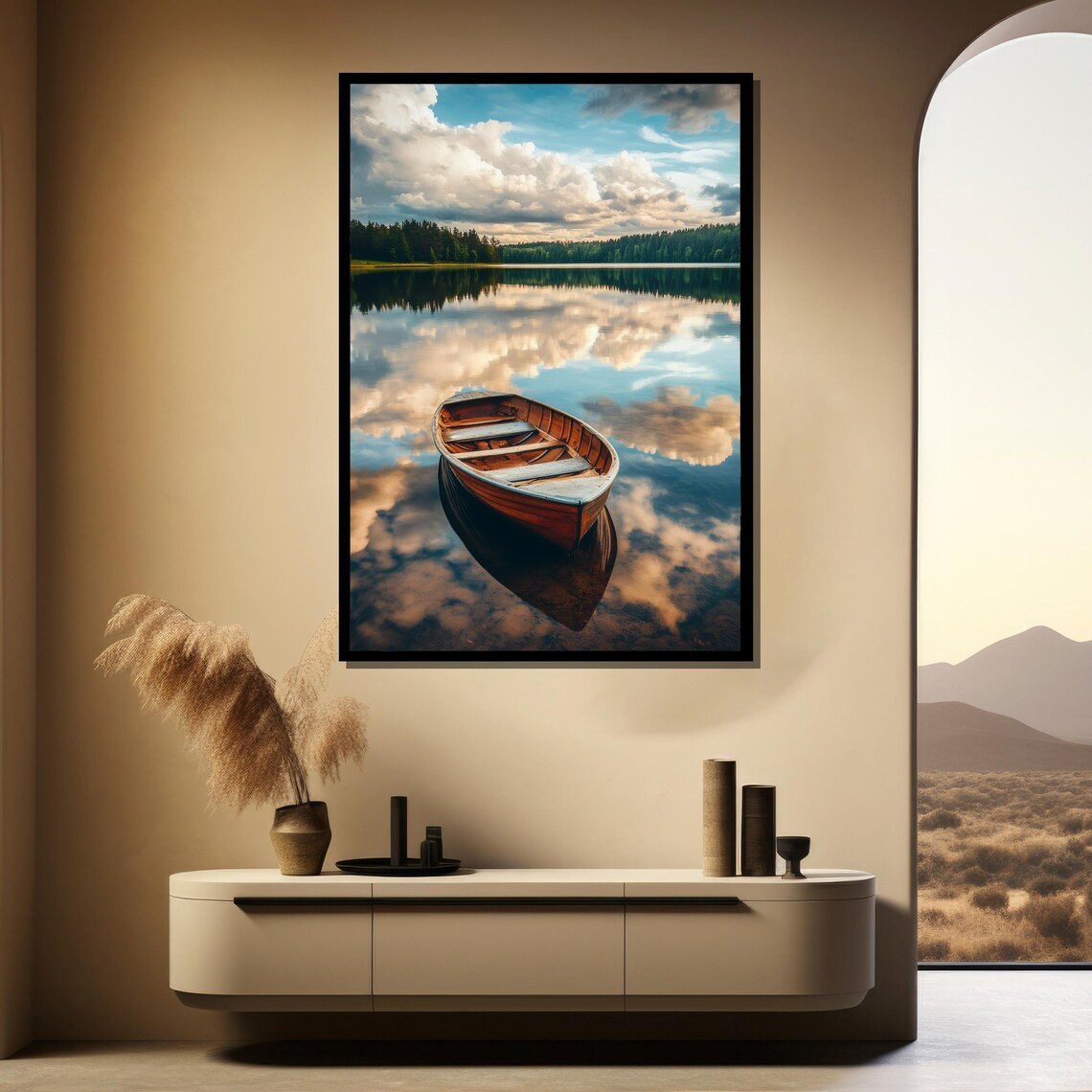 Tranquil Lake Reflection Wooden Rowboat Peaceful Nature Poster - Image 4