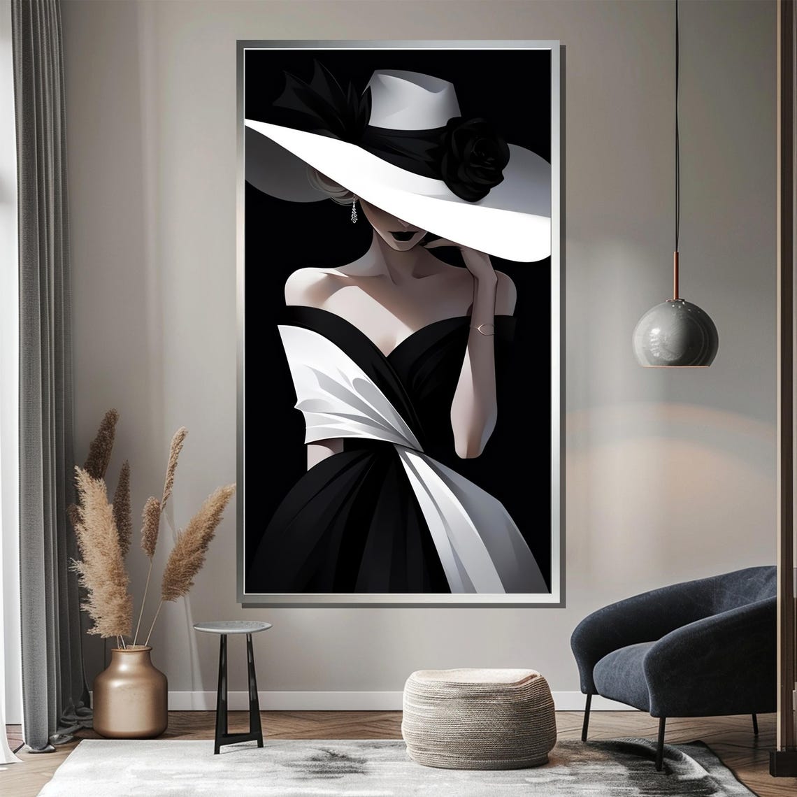 Timeless Woman In White Hat And Black White Gown Portrait Poster - Image 4