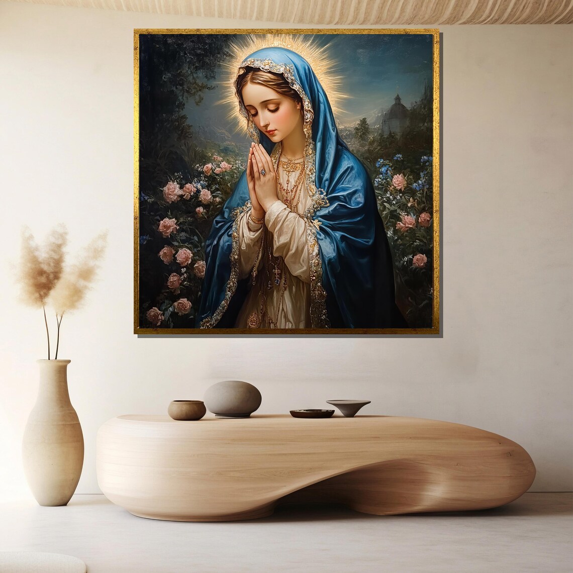 Praying Virgin Mary Blue Veil Rose Garden Night Religious Poster