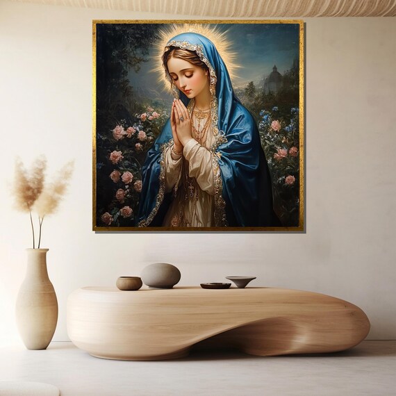 Praying Virgin Mary Blue Veil Rose Garden Night Religious Poster