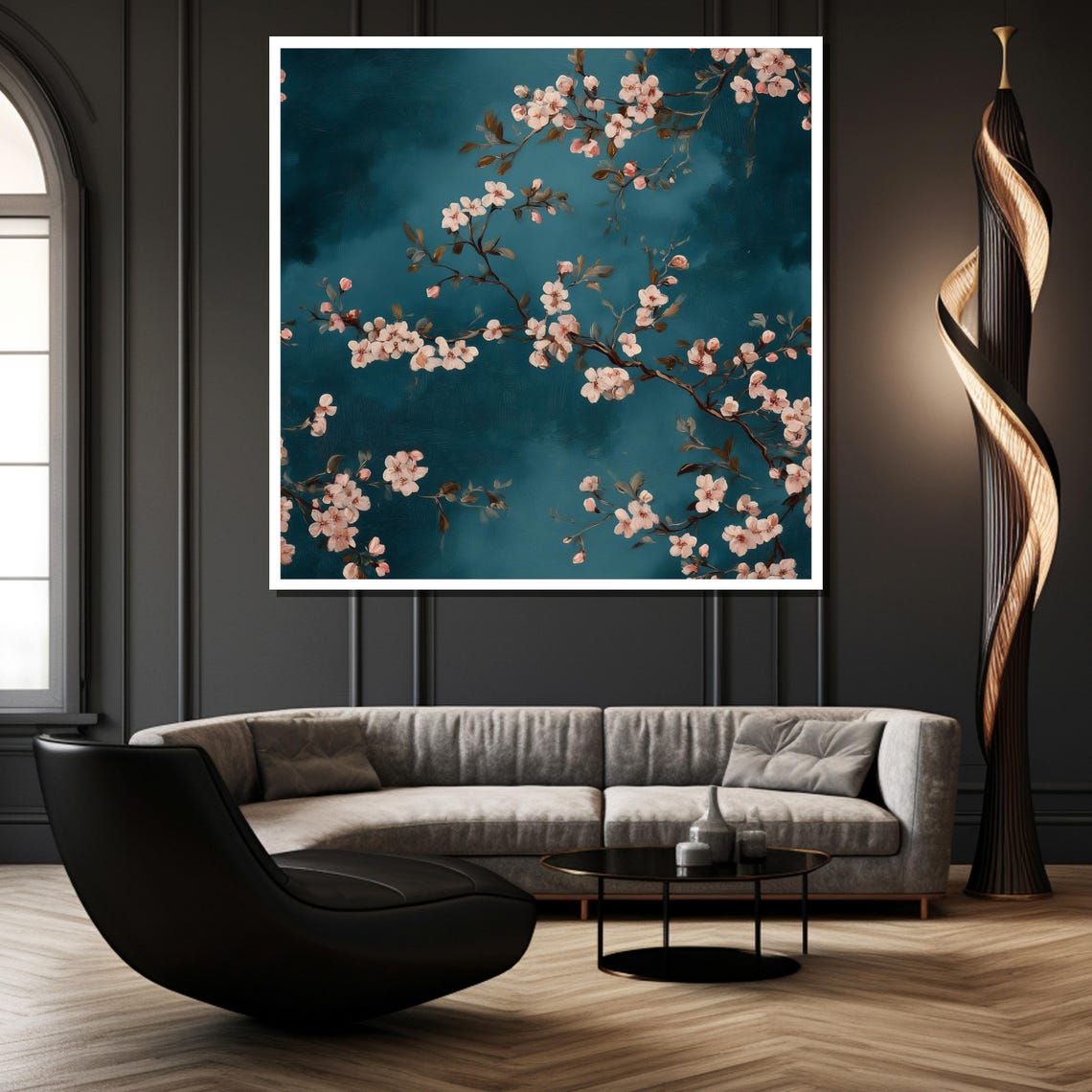Elegant Pink Cherry Blossom Branches On Dark Teal Art Poster - Image 2