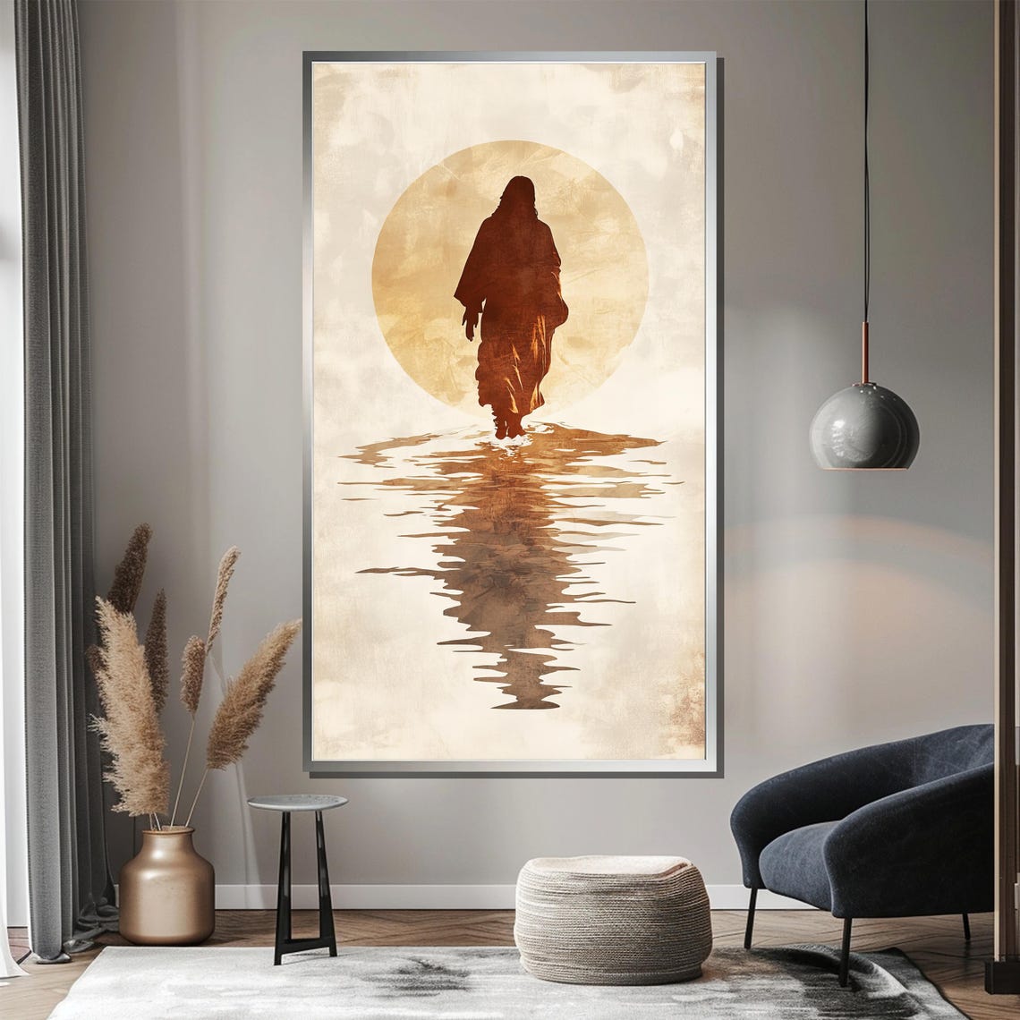 Minimalist Jesus Walking on Water Silhouette Sepia Sun Poster - Image 5