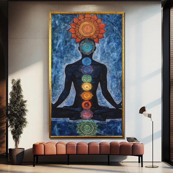 Seven Chakra Alignment Meditating Figure Blue Watercolor Wall Poster