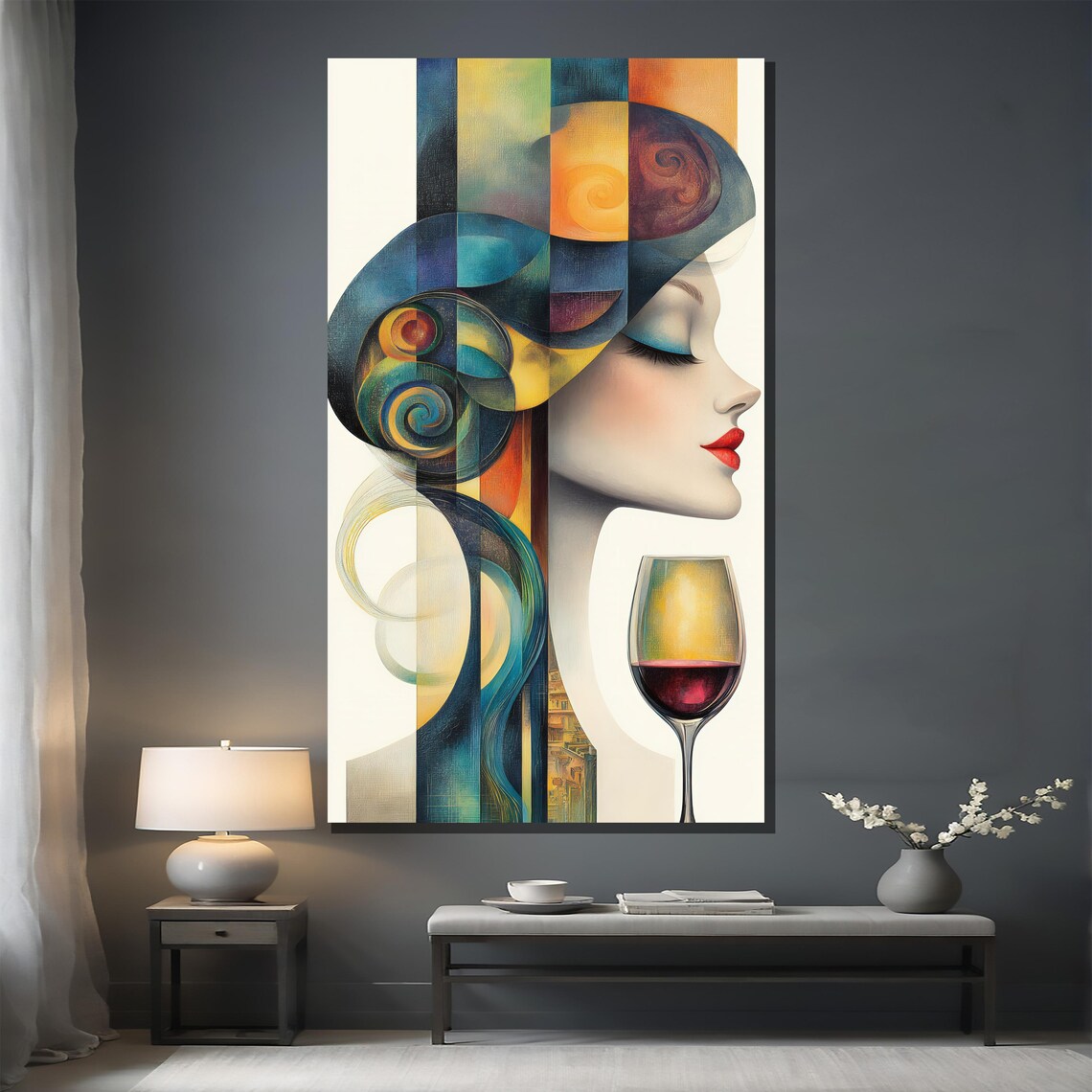 Abstract Woman With Wine Glass Cubist Jewel Tone Style Poster - Image 2