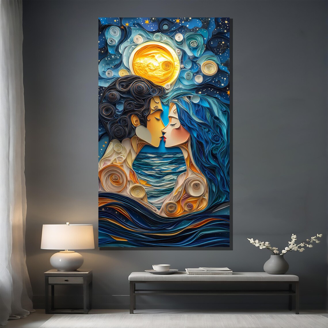 Starry Night Ocean Kiss Swirling Paper Quilling Style Art Poster - Image 2