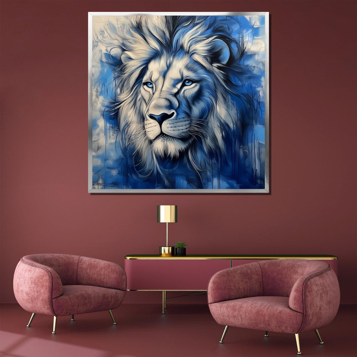 Blue And White Abstract Lion Paint Drip Portrait Artwork Poster - Image 3