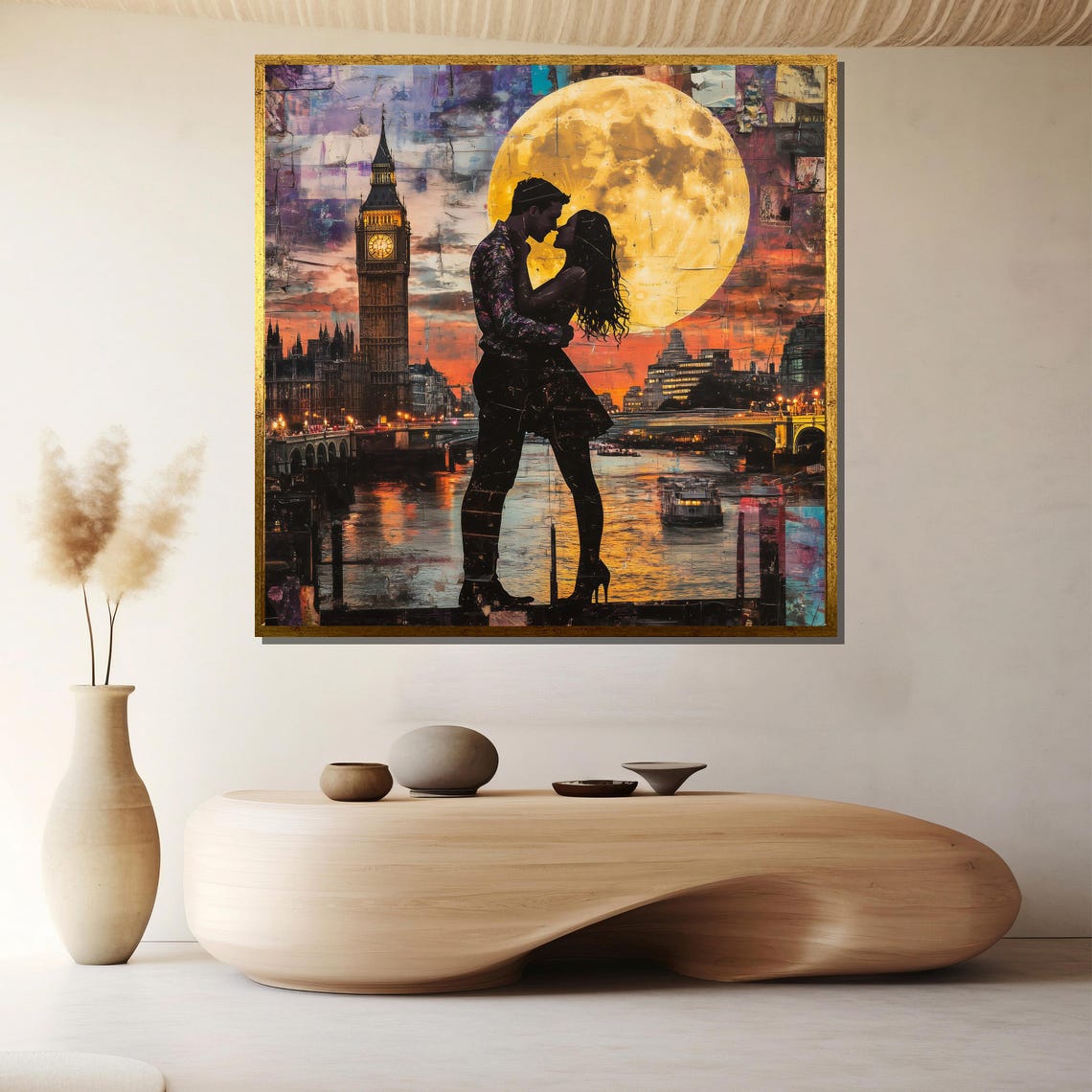 London Full Moon Romance Couple Skyline Big Ben Painting Poster
