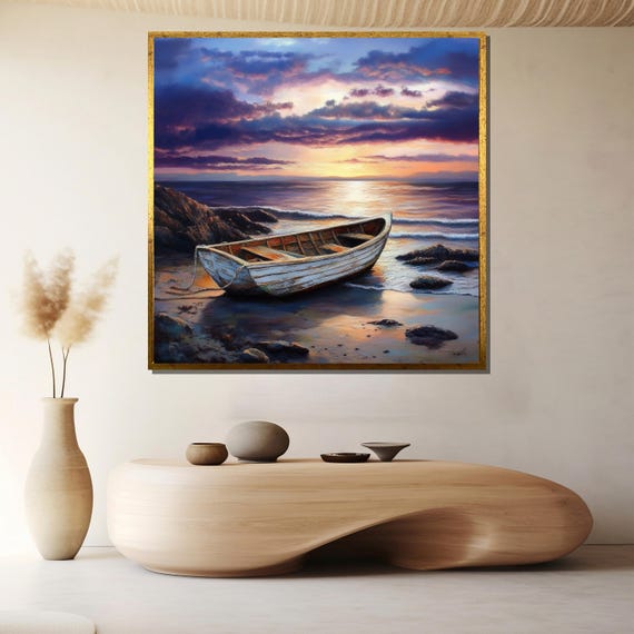 Rustic Boat At Sunset Wall Art Framed Ocean Print Coastal Beach Artwork Large Nautical Dcor Gift For Home Or Office