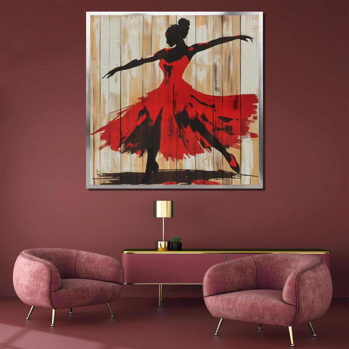 Flamenco Dancer Silhouette in Red on Rustic Wood Planks Poster - Image 3