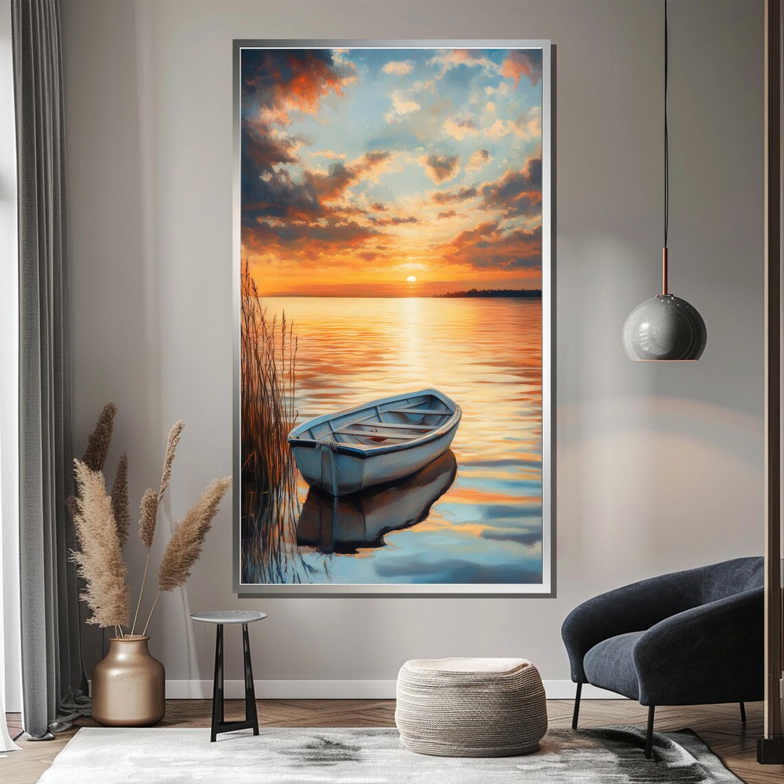 White Rowboat On Calm Lake At Sunset Peaceful Water Art Poster - Image 3