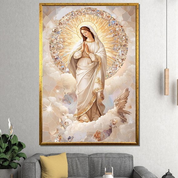 Virgin Mary Praying in Clouds Golden Halo Marian Devotion Poster