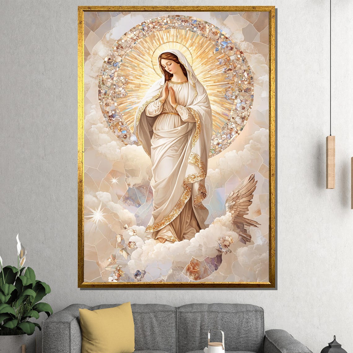 Virgin Mary Praying in Clouds Golden Halo Marian Devotion Poster