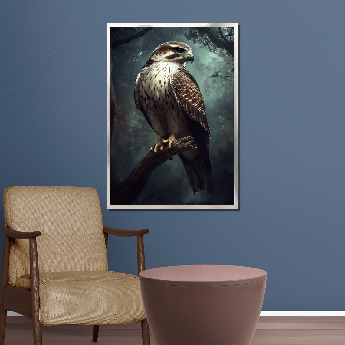 Falcon Perched on a Bare Branch in a Moody Dark Forest Poster - Image 3